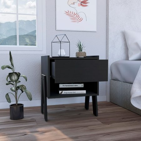 TUHOME Joy Nightstand, Four Legs, One Open Shelf, One Drawer, Black MLW7150